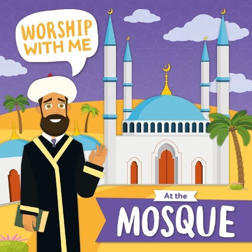 Cartoon of a man welcoming viewers to a white mosque with blue domes.