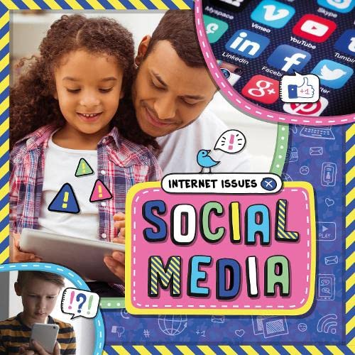 A girl and man look at a tablet, with social media icons and text overlay.