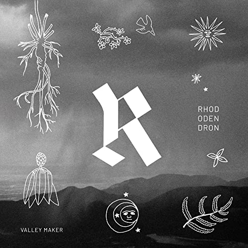 Black and white CD cover with floral line art and a large “R”.