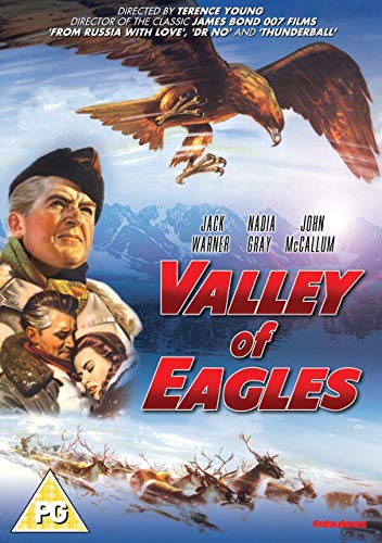 DVD cover art for "Valley of Eagles" with men, eagles, and reindeer in a snowy landscape.