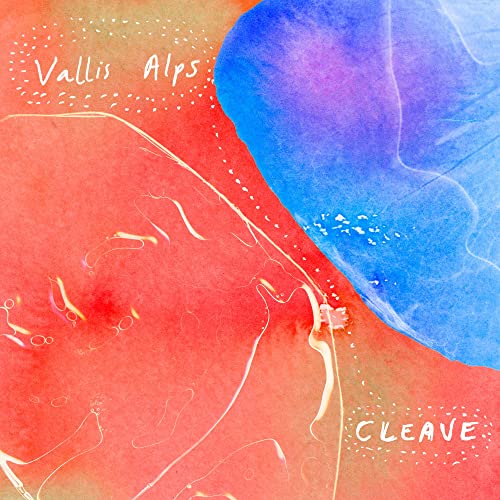 Abstract watercolor painting with red and blue sections, featuring text Vallis Alps and Cleave.