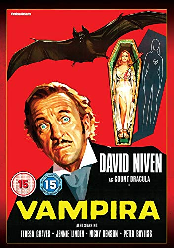 DVD cover for "Vampira" with a man, bat, and coffin on a red background.