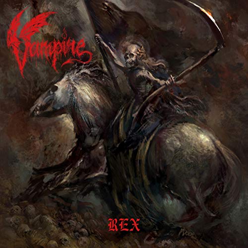 Dark album cover depicting a skeletal figure riding a horse with skulls.