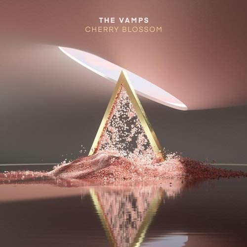 "Album cover featuring a gold triangle with pink cherry blossoms and a pink background."