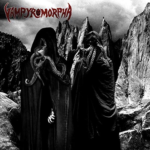 Dark album cover featuring hooded figures before a mountainous landscape.