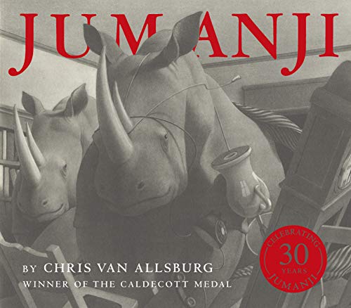 Jumanji book cover with two rhinoceroses in a room, grayscale illustration.