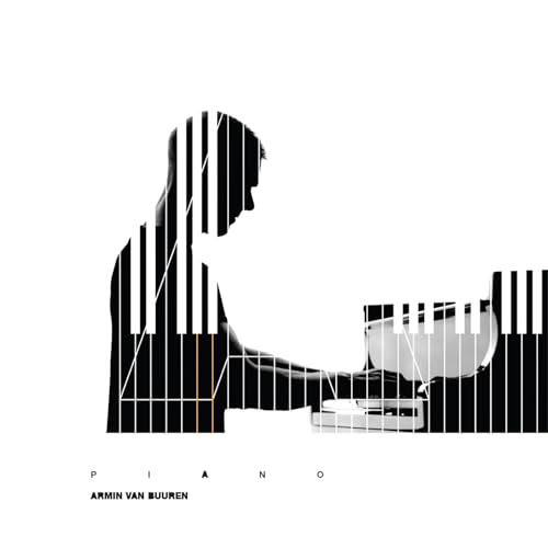 Silhouette of a man playing piano, integrated into vertical black and white piano key stripes.