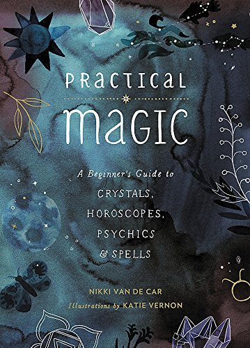 Book cover with dark blue watercolor background, celestial illustrations, and white text.