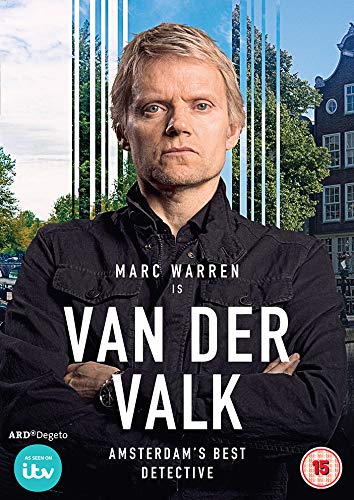 Marc Warren as Van Der Valk with arms crossed, against an Amsterdam canal background.