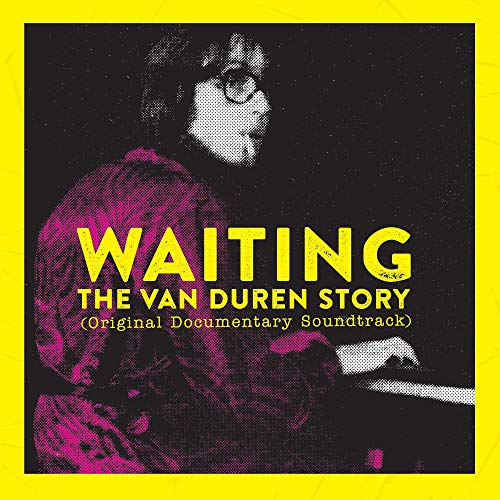 "Album cover with man sitting at piano, yellow text on black background, bright yellow border."