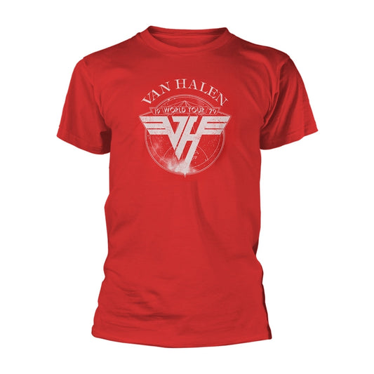 Red short-sleeved t-shirt with a white Van Halen 1979 World Tour logo graphic.