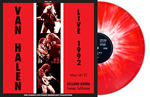 Van Halen album cover and red/white splatter vinyl record.