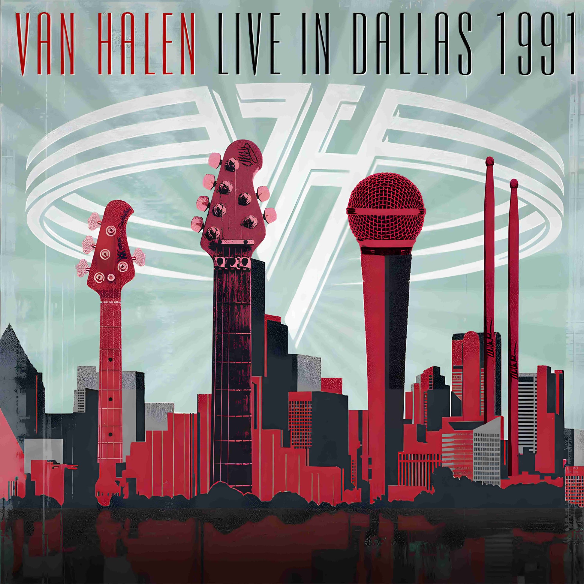Van Halen album cover: guitars and microphone forming a city skyline.