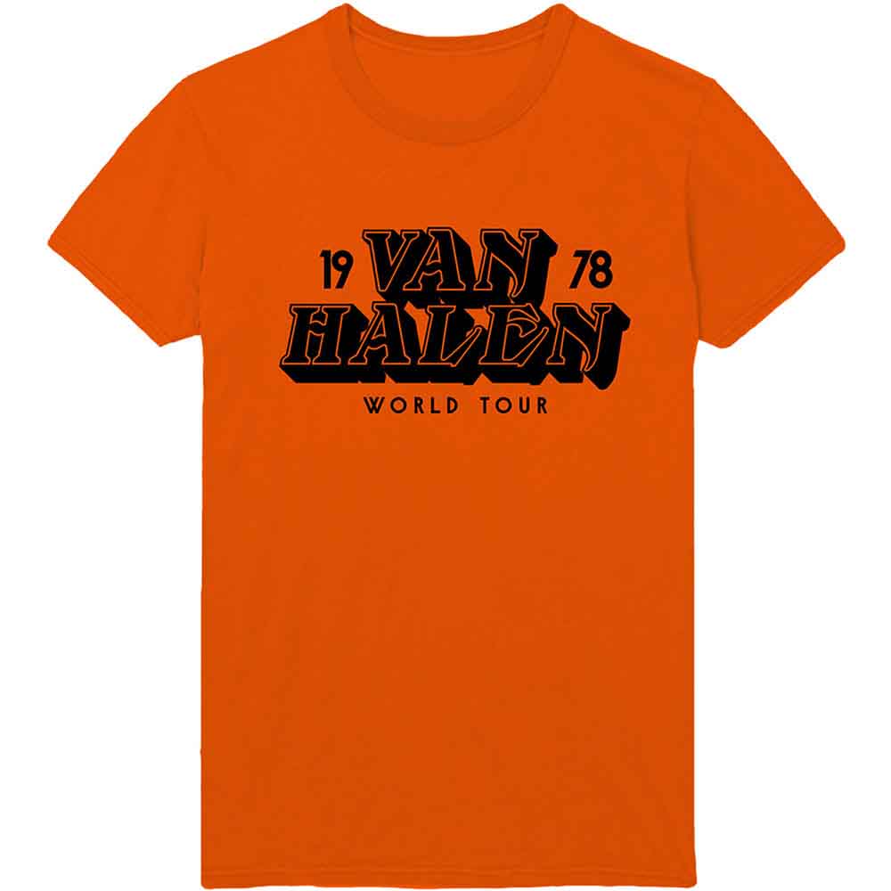 Orange Van Halen "World Tour '78" t-shirt with black graphic.