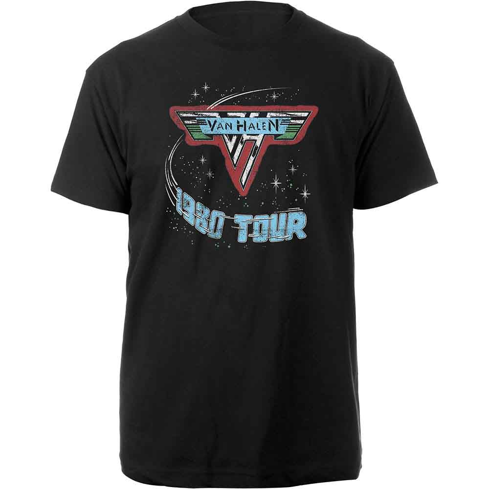 Black Van Halen t-shirt with 1980 tour logo graphic.