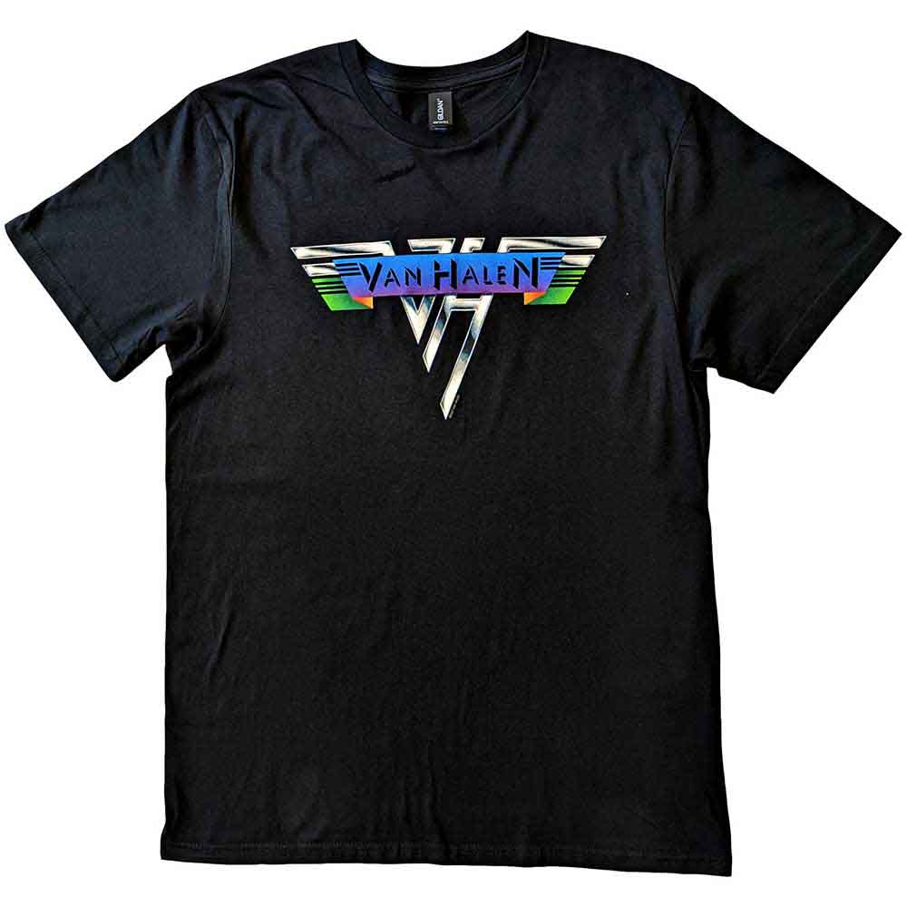 Large black t-shirt with vintage Van Halen logo centered on chest.