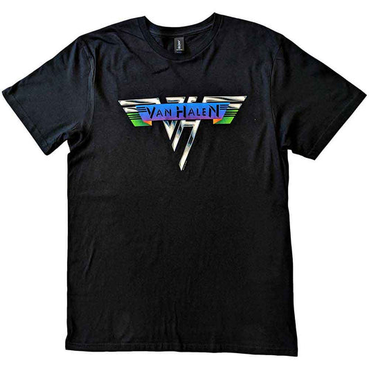 Large black t-shirt with vintage Van Halen logo centered on chest.