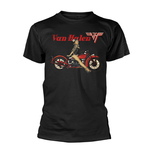 Black t-shirt featuring a Van Halen logo and a pin-up girl on a motorcycle.