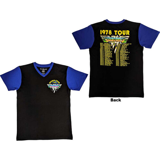 Black and white raglan t-shirt featuring Van Halen 1978 tour dates on the back.