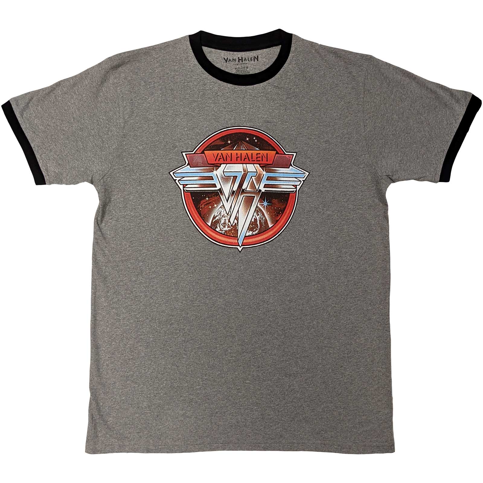 Black ringer t-shirt with white Van Halen circle logo, size XX-Large.