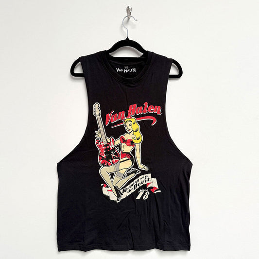 Black vest t-shirt featuring Van Halen’s “Running With The Devil” design, small size.