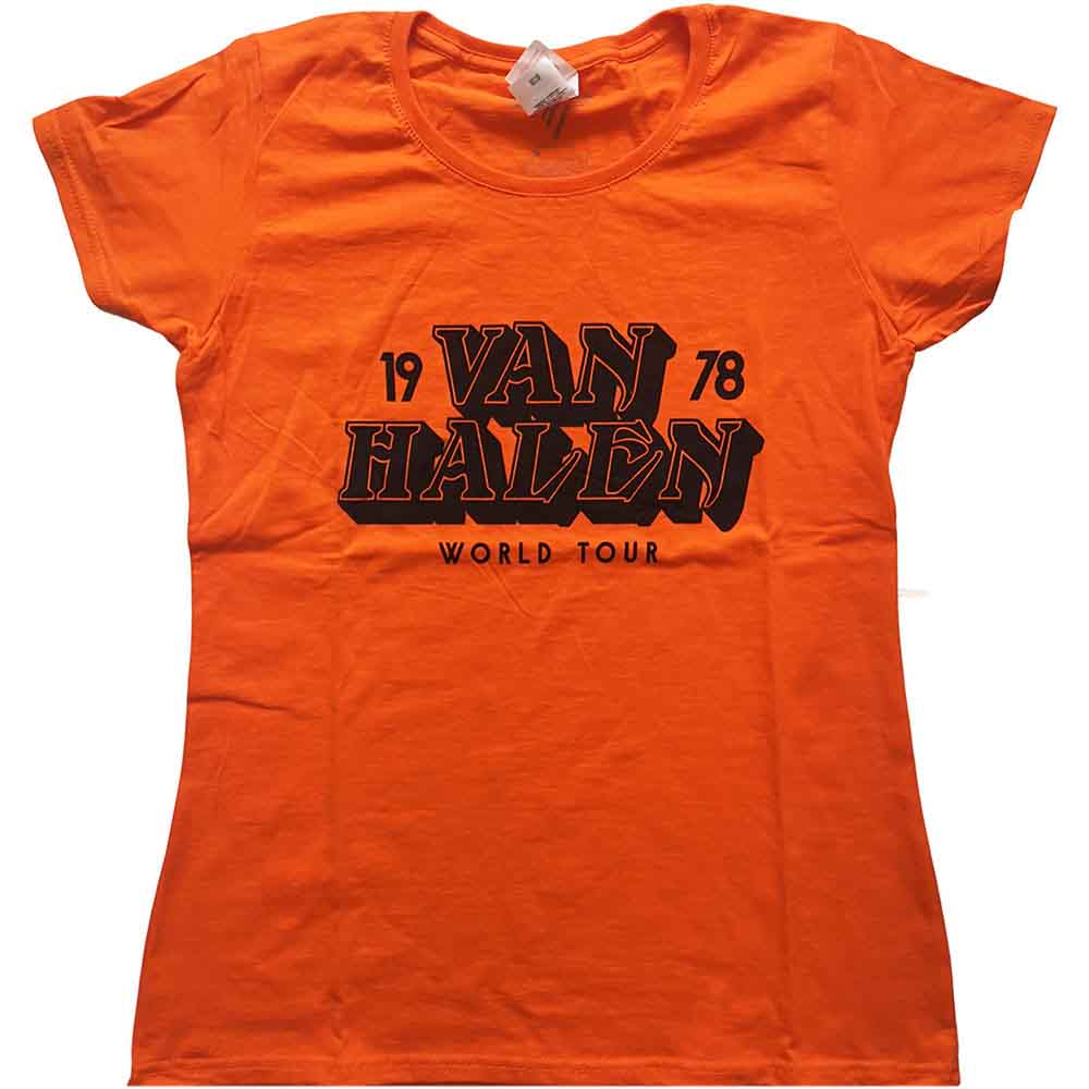Orange Van Halen World Tour 78 t-shirt on a model.