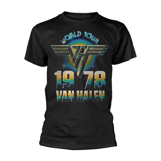 Black t-shirt with Van Halen’s 1978 “World Tour” logo in gold and blue.