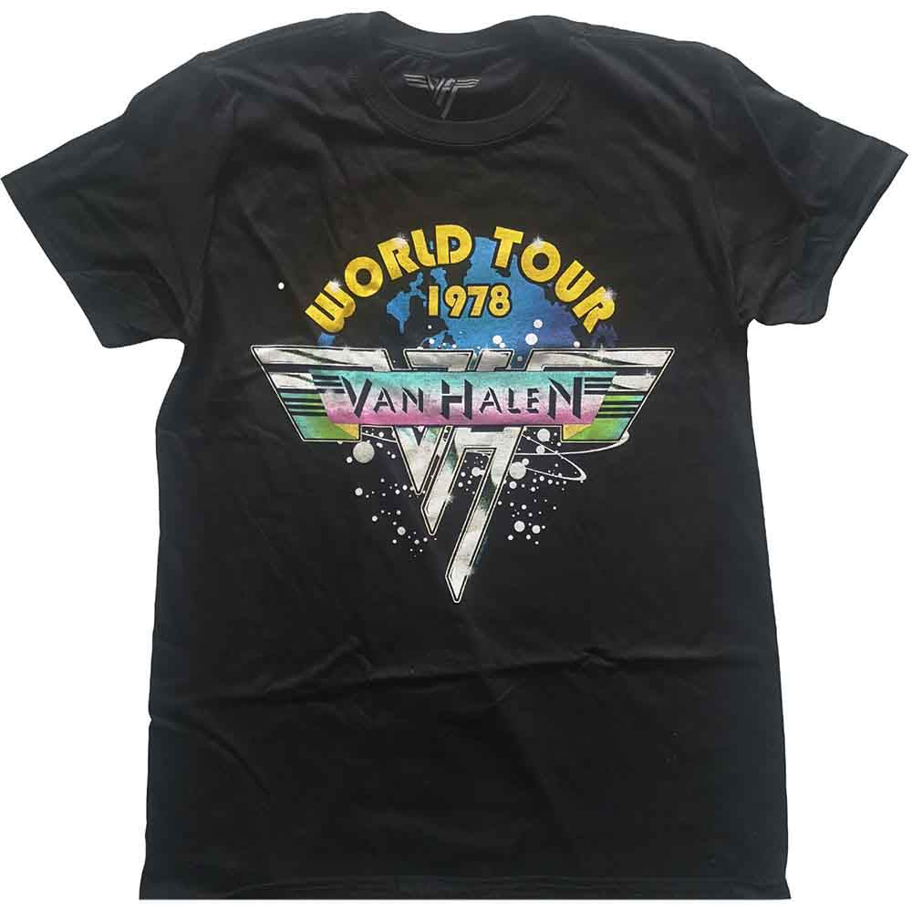 Black Van Halen T-shirt with colorful 1978 World Tour logo graphic.
