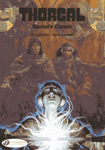 Comic book cover: Thorgal, with two figures in the background, energy emanating.