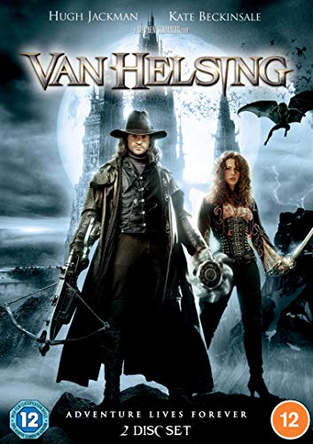"Van Helsing DVD cover featuring Hugh Jackman and Kate Beckinsale amidst a dark, gothic scene."