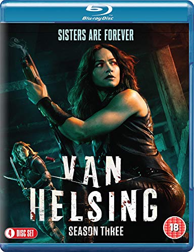 "Blu-ray case with a woman holding a gun and sword, 'Van Helsing Season Three' text."