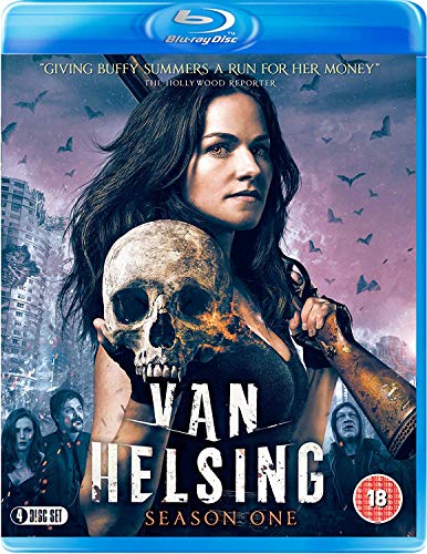 "Van Helsing Season One Blu-ray cover featuring a woman holding a skull with city background."