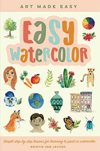 Book cover with "Easy Watercolor" title and various colorful watercolor illustrations of objects.