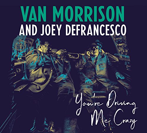 Van Morrison and Joey DeFrancesco sitting in a car, stylized in blue and yellow.
