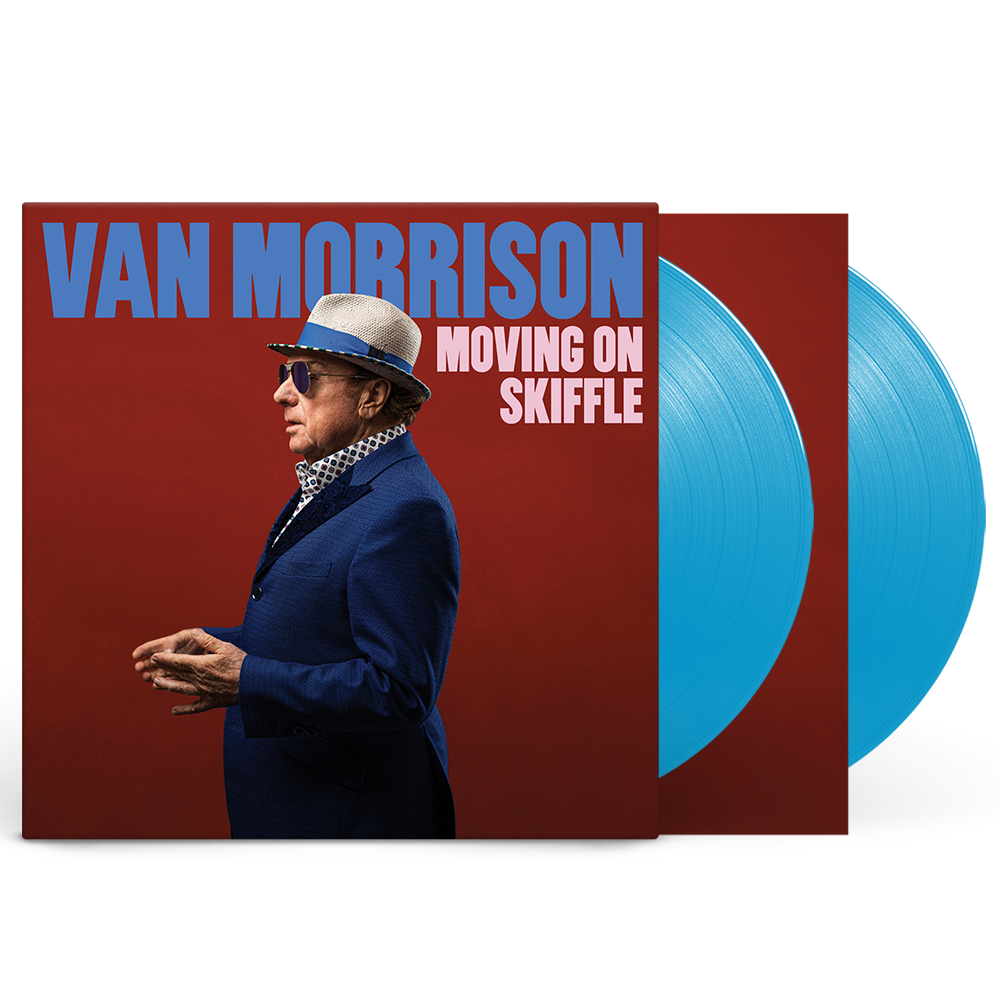 Van Morrison vinyl album cover with blue vinyl records and red background.