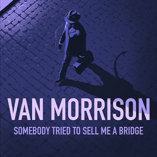 A man in a hat and coat walks on cobblestones, casting a devil-tailed shadow.