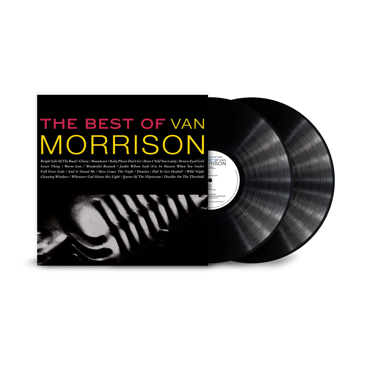 Van Morrison’s “The Best Of” vinyl record with black cover and label.