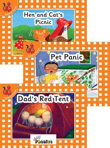 Colourful children's books with phonics illustrations, precursive text, and educational content for early readers.