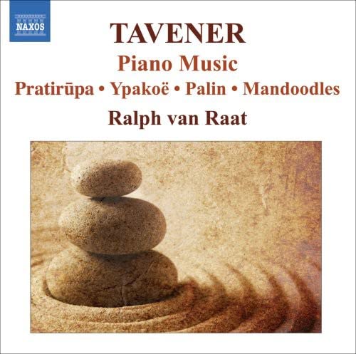 CD cover for Tavener piano music by Van Raat, with stacked stones.