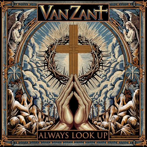Album cover featuring praying hands, a crown of thorns, a cross, and winged angels.