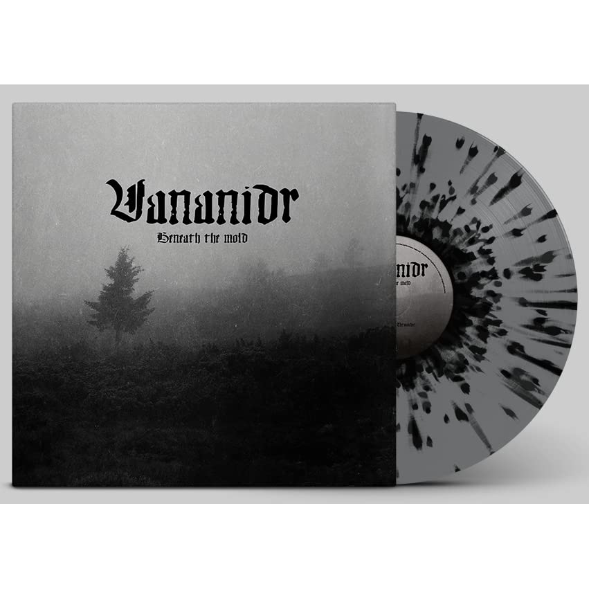 Vinyl record with black and grey splatter design next to its misty forest cover.