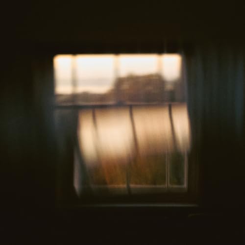 A blurry view of a landscape through a window with light curtains.