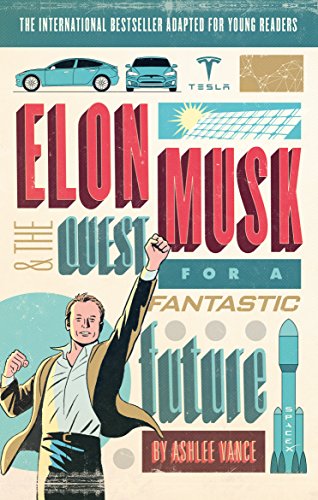 Book cover featuring Elon Musk, a Tesla, and a SpaceX rocket.