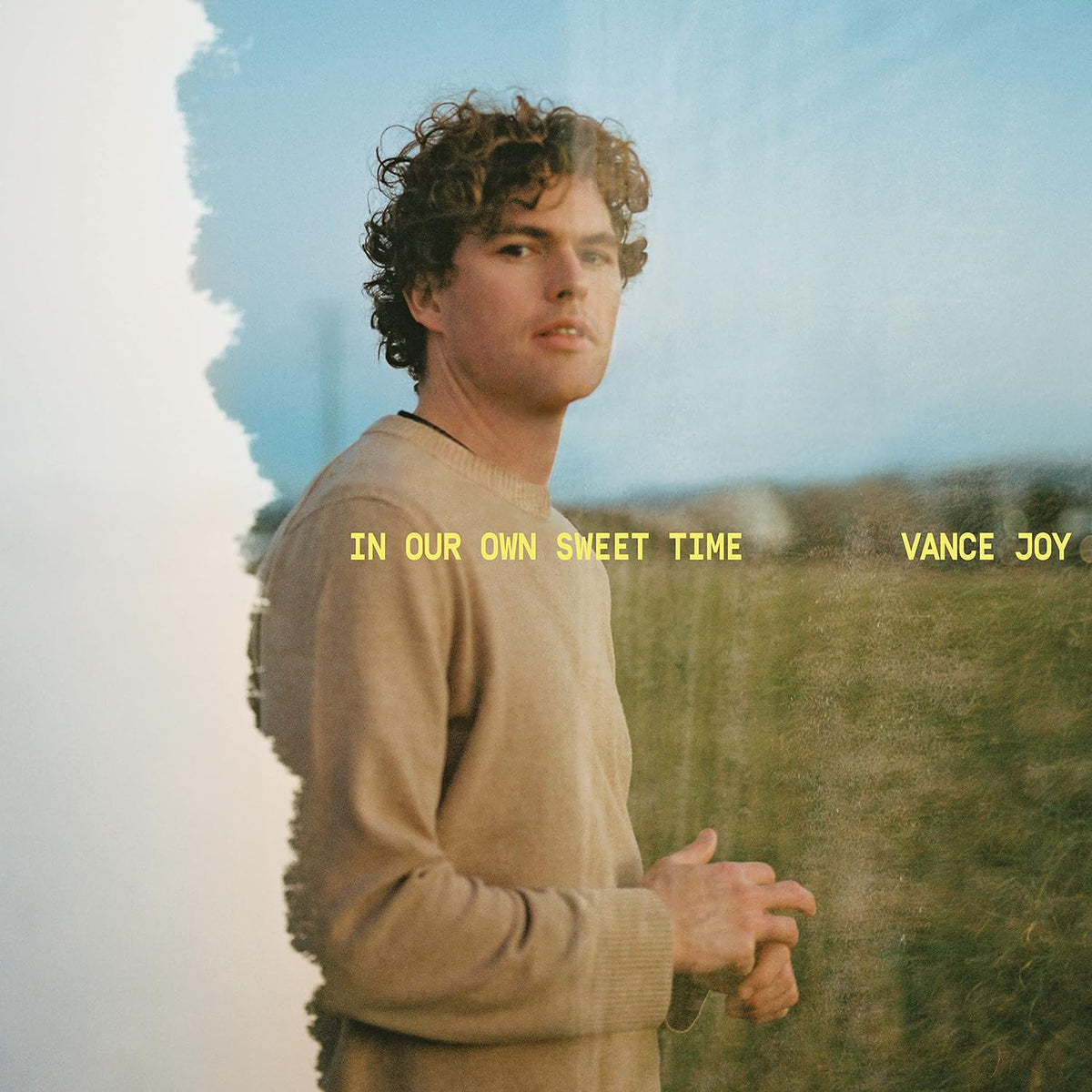 Vance Joy album cover with a portrait and blurred landscape.