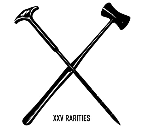 Black and white image of two crossed hammers with "XXV RARITIES" text.
