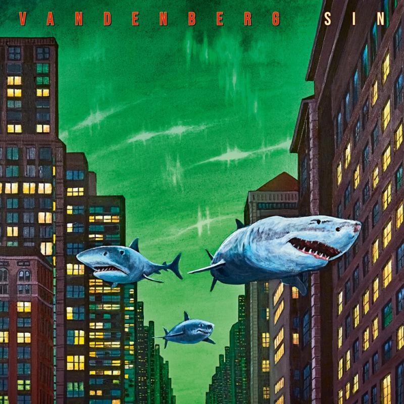 Album cover: sharks swim among tall city buildings, green sky.
