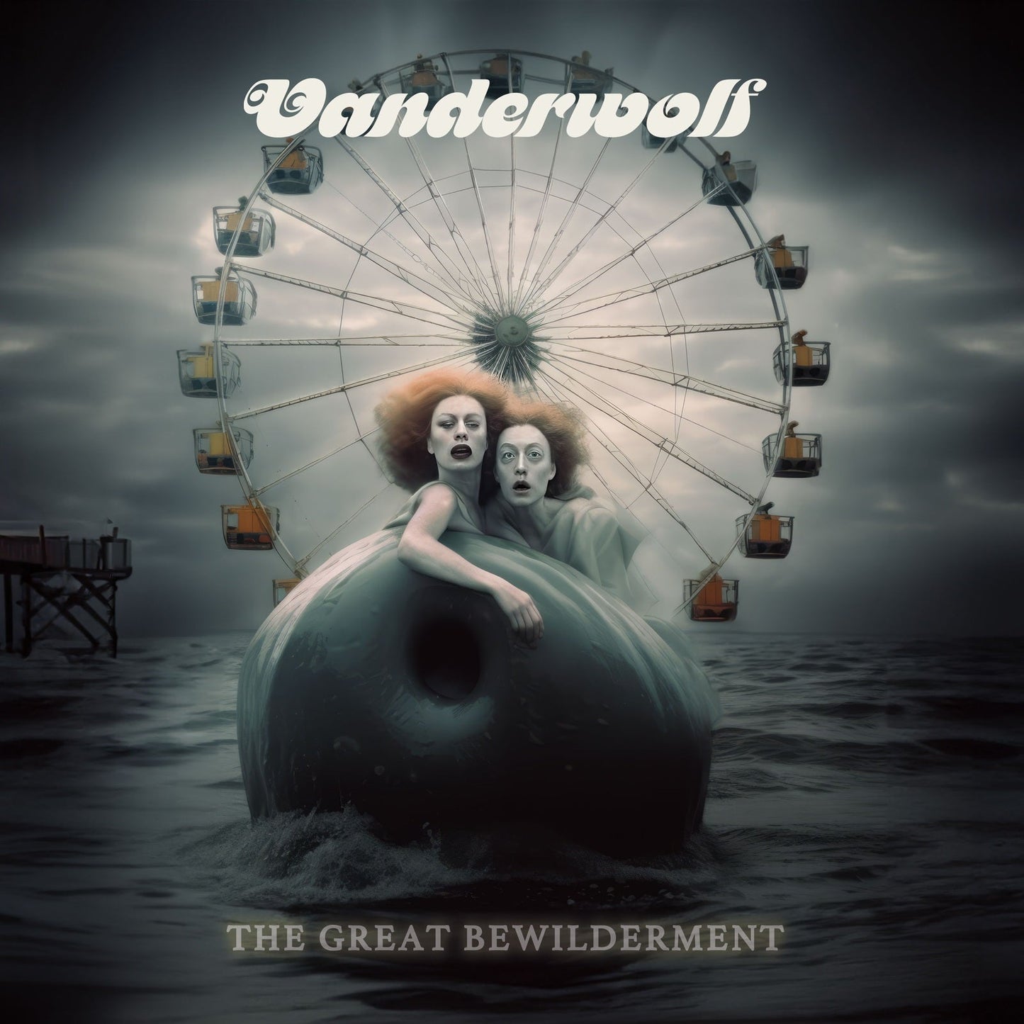 Two women with red hair emerge from a dark sphere before a ferris wheel.