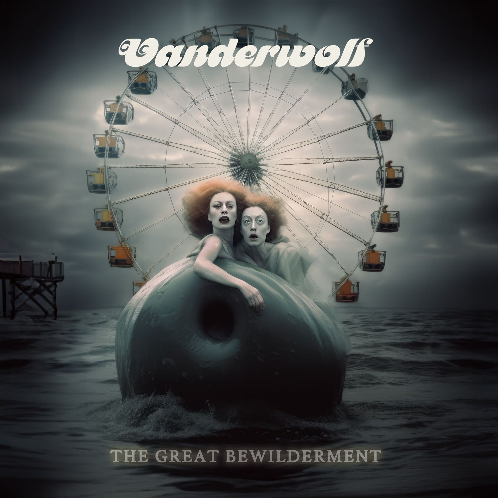 Two women with red hair emerge from a dark sphere before a ferris wheel.
