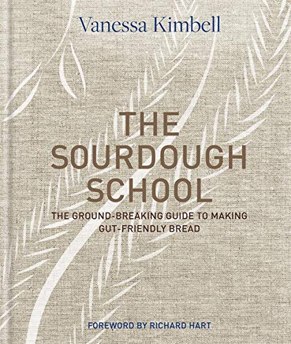 Book cover: "The Sourdough School" with wheat-like design and author name.