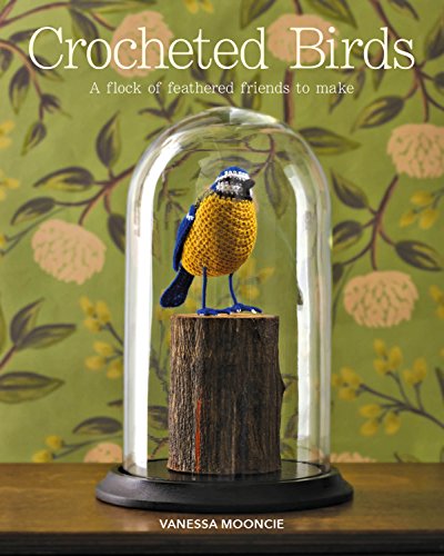 Crocheted yellow bird under a glass dome on a wooden stump.